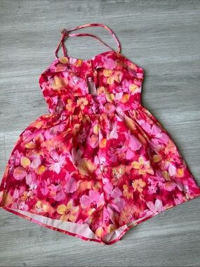 Girls Teen Pink Floral Halter Romper